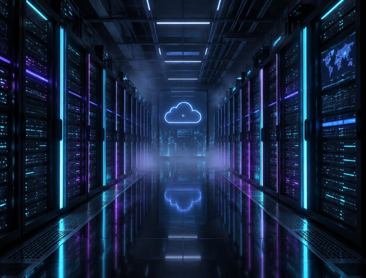 Data center da Host SDNWEB usado na hospedagem de sites, com racks de servidores iluminados